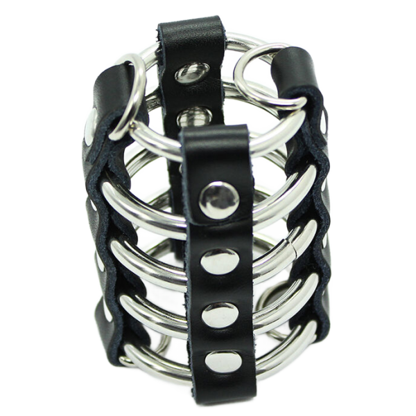 OHMAMA FETISH - CAGE  PÉNIS AVEC ANNEAUX MÉTALLIQUES ET SANGLE EN CUIR