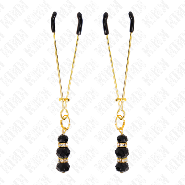 KINK - PINCES À TETON FINES OR AVEC 3 BILLES DE VERRE NOIR 7 CM – Image 2