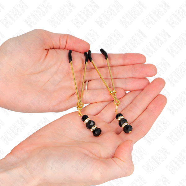 KINK - PINCES À TETON FINES OR AVEC 3 BILLES DE VERRE NOIR 7 CM – Image 3